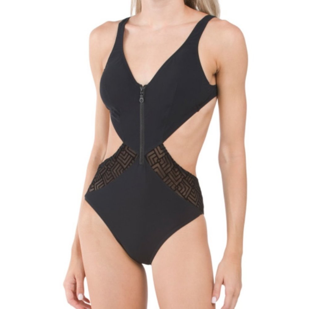 PROFILE BY GOTTEX Side Cutout Zip Front Swimsuit Black One Piece Zip Up